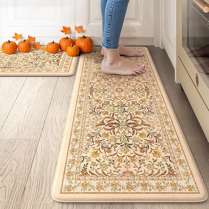 Collive Kitchen Mats for Floor, Cushioned Anti Fatigue Mat Non Skid Waterproof Kitchen Rugs Set of 2, Fall Orange Floral Comfort Standing Rug for Sink, Laundry, Home Decor, 17"x29"+17"x47"