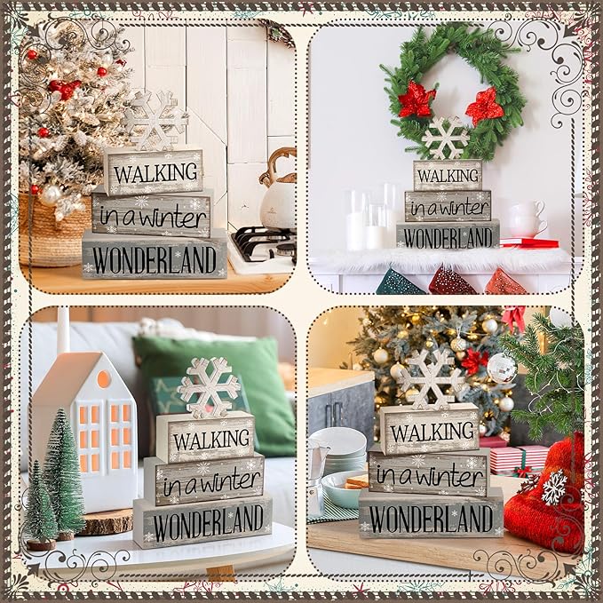 4 Pcs Christmas Table Decorations Wooden Snowflake Decor Winter Tiered Tray Decor Rustic Snow Block Signs Gift Farmhouse Christmas Centerpiece for Winter Wonderland Party Kitchen Shelf Home