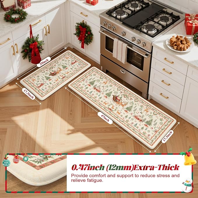 Collive Christmas Snowman Kitchen Floor Mats, Winter Xmas Tree Cushioned Anti Fatigue Kitchen Rugs 2 Piece Waterproof Elk Sled Sink Mat, Non Slip Foam Comfort Standing Desk Rug for Home Decor, Beige