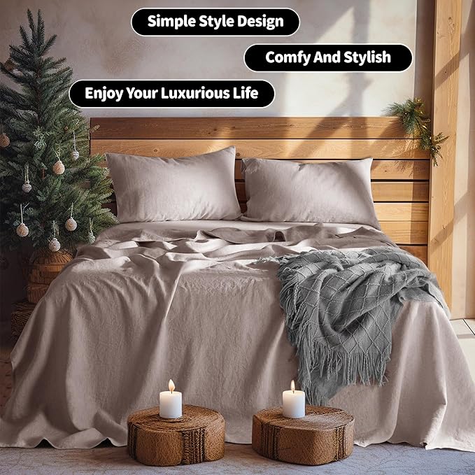 LBRO2M 100% Linen Sheet Set 16" Deep Pocket Full Size,Bed Sheets 4 Piece Sets,Solid Color Natural Flax Bed Sheets Soft Breathable Bedding, All Season (Full, Mauve Desert)
