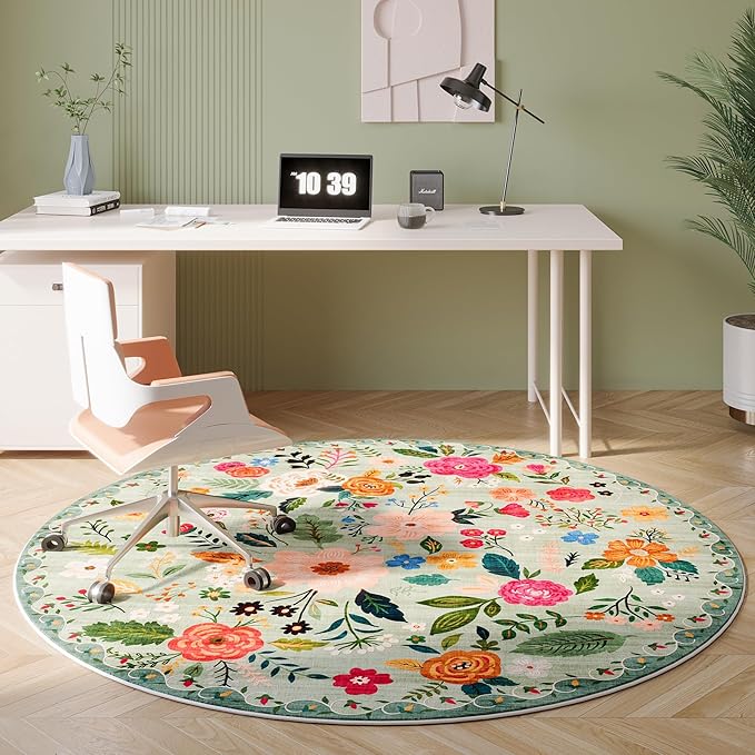 Rugcomf Round Rug 6ft Washable Circle Rug Non Slip Low Pile Boho Floral Small Circular Rug for Bedroom, Bathroom, Entryway, Kids Room, Office, College Dorm(Green)