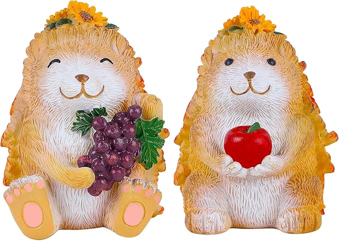 Lulu Home Fall Decorations for Home, 2 Packs Harvest Hedgehog Resin Sculpture with Maple Leaves & Fruits, Autumn Tabletop Ornaments Craft Decor for Thanksgiving and Fall Season