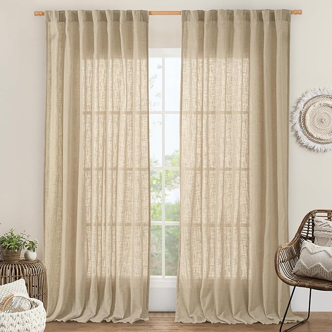 LAMIT 84 Inch Long Linen Curtains for Living Room 2 Panels Set, Light Filtering Semi Sheer Curtains Back Tab and Rod Pocket Neutral Panels for Bedroom, Brown, 60 x 84 Inch