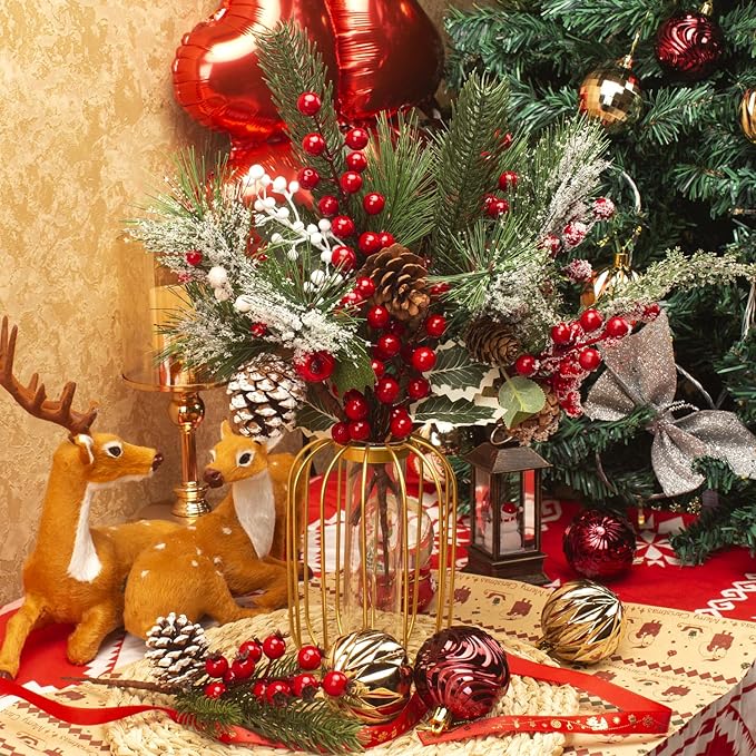 6 Kinds Artificial Christmas Tree Picks with Red Berry Pine Branches & Flower Pick - Perfect for Festive Season Decor & Wreaths to Brighten Your Holiday Spirit