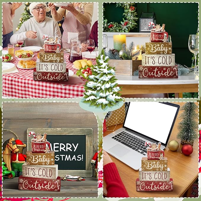 4 Pcs Christmas Table Decor Wooden Hot Cocoa Decoration Christmas Centerpiece Winter Tiered Tray Decor Decorative Red Hot Cocoa Block Signs Gift Farmhouse Xmas Decoration for Home Kitchen