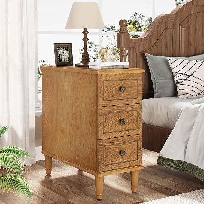 Tribesigns Solid Wood End Table, Fully Assembled Narrow Side Table with Drawers, Pre-Assembled Nightstand Slim Bedside Table for Small Spaces, Living Room, Bedroom