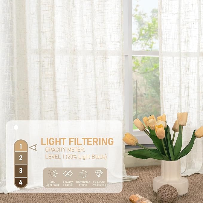 LAMIT Cream Linen Curtains 63 Inch for Bedroom, Light Filtering Neutral Semi Sheer Window Boho Curtains Back Tab and Rod Pocket Panels for Living Room, 2 Panels, 52 x 63 Inch