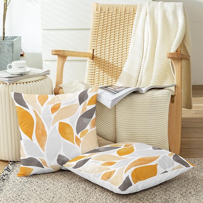 CaliTime Throw Pillow Cases Pack of 2 Cozy Fleece Falling Dahlia Floral Flowers Petals Decorative Cushion Covers for Couch Bed Sofa Farmhouse Decoration 18 X 18 Inches Orange Gold Grey
