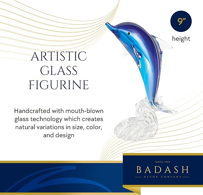 Badash Murano-Style Glass Dolphin Figurine - 9" Tall Handmade Glass Figurines