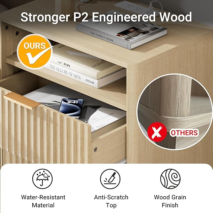 Large Fluted Nightstand Set of 2 with Charging Station, 23" Modern Farmhouse Night Stand, 2 Drawers End Table with Storage, Bedside Table for Bedroom Sofa Home Office, Natural Oak