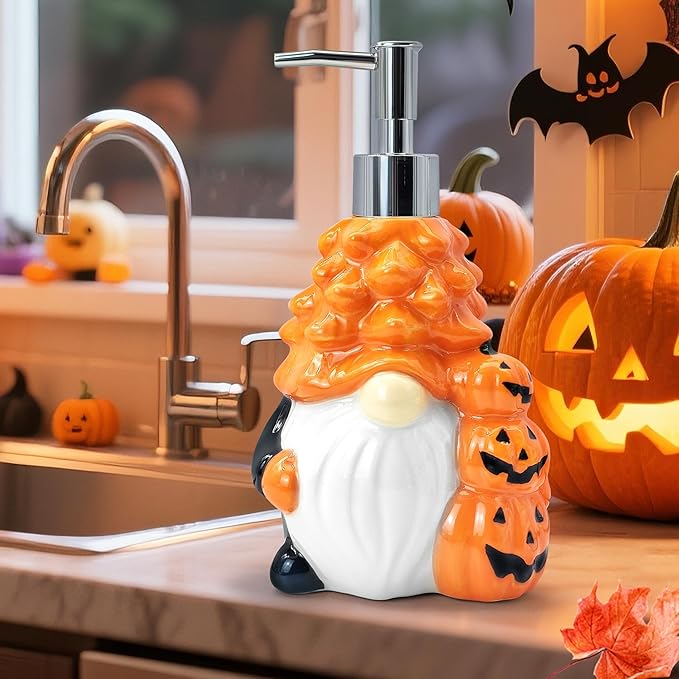 Hexagram Halloween Soap Dispenser, Halloween Bathroom Kitchen Decor, Gnome Ceramic Soap Dispenser for Home Indoor Decorations, Refillable Lotion Essential Oil Dispensers with Pump