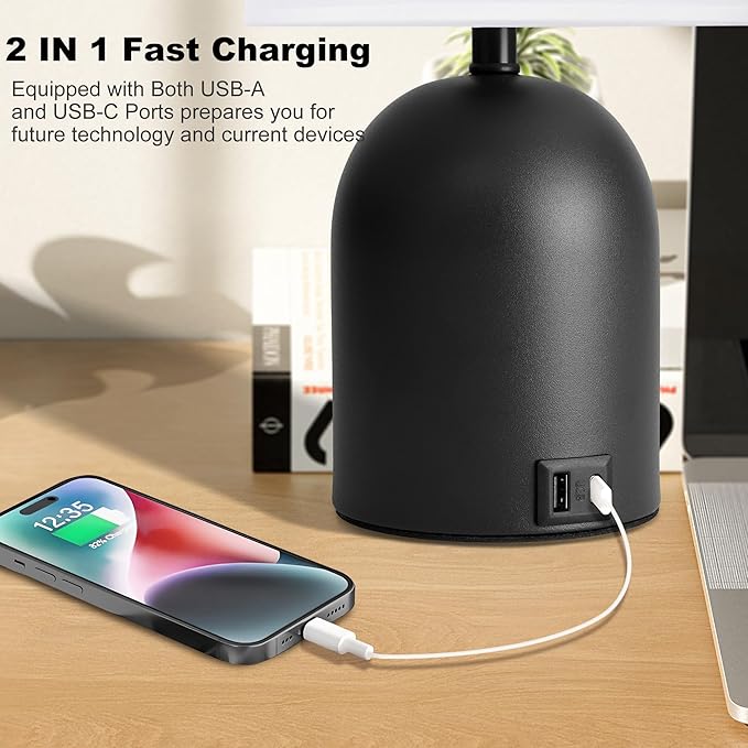 Bedside Black Table Lamps Set of 2 for Bedroom, 3 Way Dimmable Touch Nightstand Lamp with USB C and A Ports Small Table Desk Lamp for Bedroom, Reading Room, Office, Dorm Black/White
