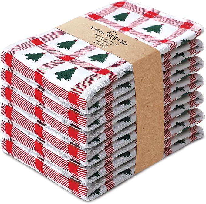 Urban Villa Christmas Kitchen Towels Christmas Tree Print Premium Quality 100% Cotton Dish Towels Mitered Corners Ultra Soft (Size: 20X30 Inches) Highly Absorbent Bar Towels & Tea Towels - (Set of 6)