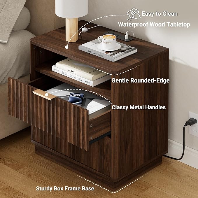 Large Fluted Nightstand Set of 2 with Charging Station, 23" Modern Farmhouse Night Stand, 2 Drawers End Table with Storage, Bedside Table for Bedroom Sofa Home Office (Walnut)