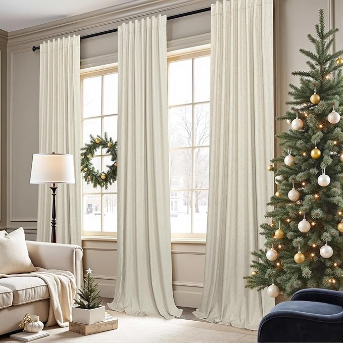 100% Blackout Neutral Curtains for Living Room 96 Inches Long 8 ft Faux Linen Rustic Country Drop Cloth Drape Dark Out Curtain for Bedroom Thermal Insulated 52x96 Floor to Ceiling Length 2 Panel Beige