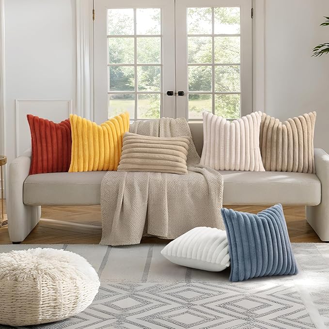 decorUhome Faux Fur Throw Pillow Covers 26x26 Set of 2, Decorative Soft Plush Striped Neutral Couch Euro Pillow Covers with Velvet Back for Sofa, Bed, Living Room Home Decor, Grey Blue
