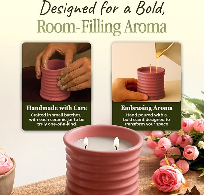 Scented Luxury Candles in Handmade Ceramic Jars, Soy Wax | Canal Rose β Rose Bud & Oud Scented, Large Candle | Non Toxic, 2 Wicks, Reusable Big Pink Jar | Natural Spring Aromatherapy for Women & Men