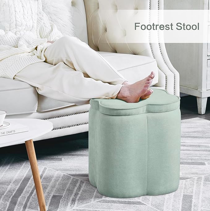 Crestview Collection Foot Rest Ottoman with Storage,Chenille Fabric Flower Ottoman for Living Room, Vanity Stool for Bedroom,Floor Pouf for Home Decor,Seafoam Green,18 inches