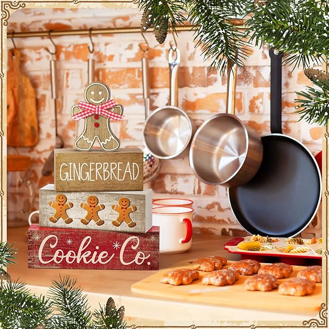 4 Pcs Christmas Table Decor Gingerbread Man Decoration Christmas Centerpiece Winter Tiered Tray Decor Rustic Gingerbread Block Signs Gift Winter Table Decoration for Xmas Party Kitchen Home