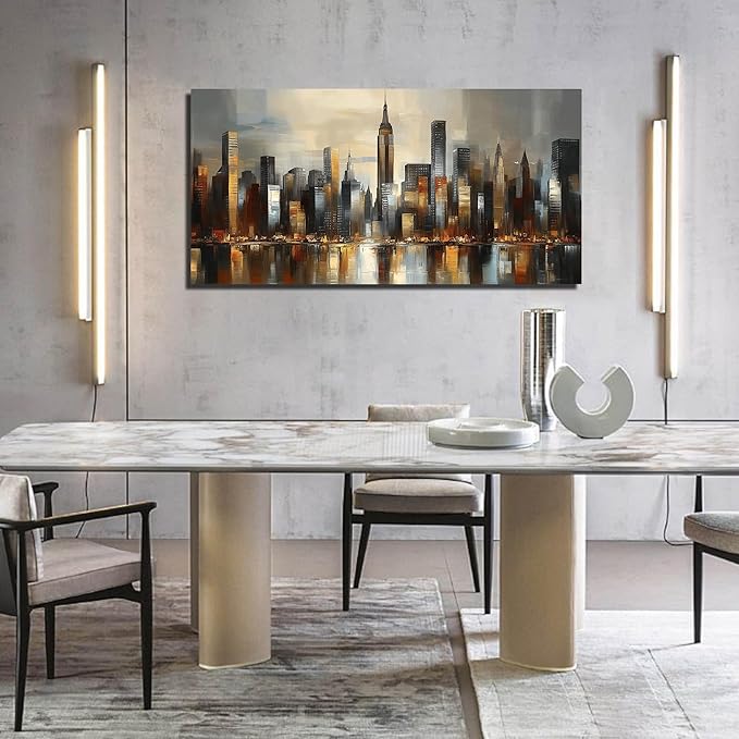GUGIKA City Wall Art for Living Room, Gold and Grey Wall-Decor for Bedroom, Modern Cityscape Poster Canvas Print, Size 48 x 24 Inches