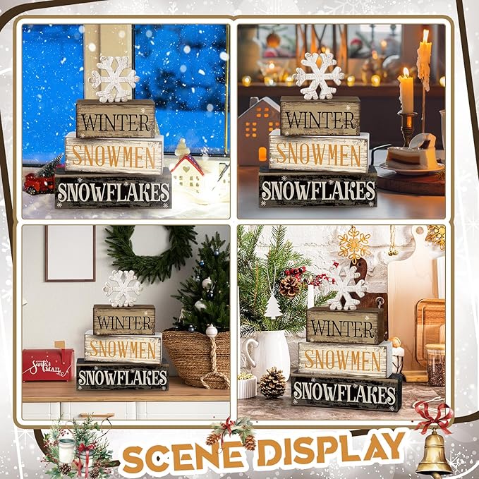 4 Pcs Christmas Table Decorations Wooden Snowflake Decor Winter Tiered Tray Decor Rustic Snow Block Signs Gift Farmhouse Christmas Centerpiece for Winter Wonderland Party Kitchen Shelf Home