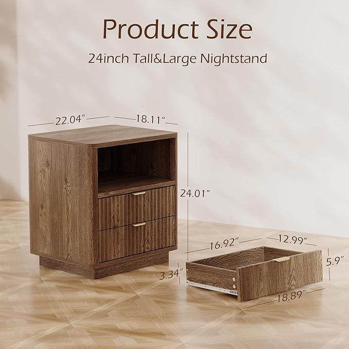Fluted Nightstands Set of 2 - Walnult Nightstand with 2 Drawers & Open Shelves, 22" Wide Large Bedside Stand Modern Storage Wooden Side Tables for Bedroom (Natural Oak)