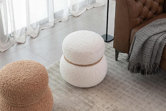 Snowman Footstool Ottoman Teddy Vanity Stool Small Upholstered Boucle Ottoman Shoe Stool Cute Stool Sofa Footrest Stool for Living Room Bedroom Entrance (White)