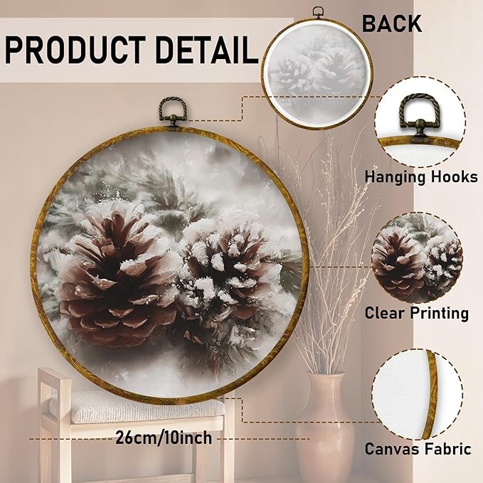 QZQE Vintage Winter Snowy Pinecone Round Wall Art Decor Framed, Rustic Christmas Cottagecore Farmhouse Circle Canvas Prints, Cozy Xmas Holiday Wall Hanging Decor for Home Bedroom Living Room, 10x10 Inch