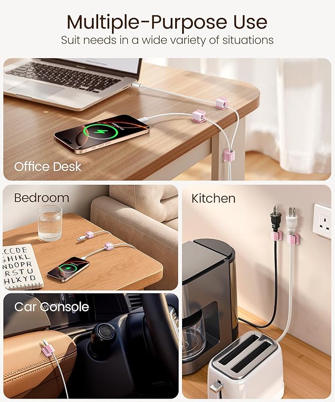 6 Pack Magnetic Cable Clips, Glow in The Dark Cable Holders, GolbinBox Cord Organizer with Shockproof Silicone, Fits up to 8mm Adhesive Cord Clips for Desk, Wall, Nightstand, Car, Home, Office, Pink
