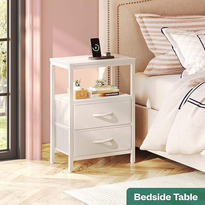 Huuger Nightstand with Charging Station, Side Table with 2 Fabric Drawers, End Table with Open Shelf, Bedside Table with USB-C Port and Outlets, Night Stand, PU Leather, White