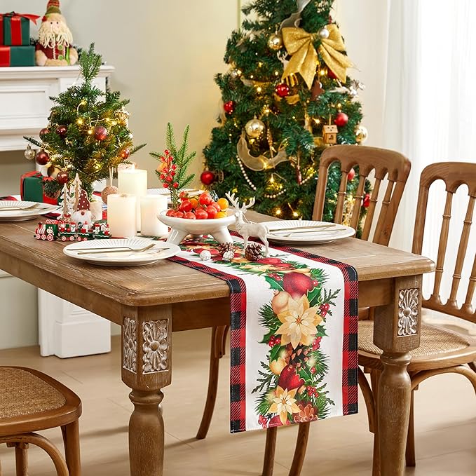 Christmas Table Runner - Xmas Balls Flowers Red Buffalo Plaid Check Winter Holiday Decorative Farmhouse Table Decorations for Kitchen Dinning, Indoor Outdoor Dinner Party Decor 13x72 Inch