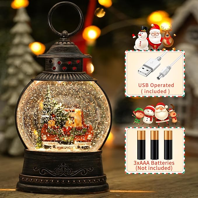 Dog Snow Globe Lighted Christmas Decorations, Musical Snow Globe Lantern with Swirling Glitter, Red Truck Christmas Tree Holiday Party Gifts and Decorations, USB & Battery Operated