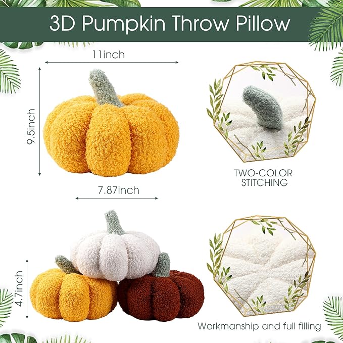Kajaia 4 Pcs Fall Decor Pumpkin Throw Pillow Fall Pillow 11 Inches 7 Inches 3D Cushion Thanksgiving Sherpa Plush Fluffy Stuffed for Autumn Halloween Christmas Home Sofa(White, Yellow, Brown, Pink)