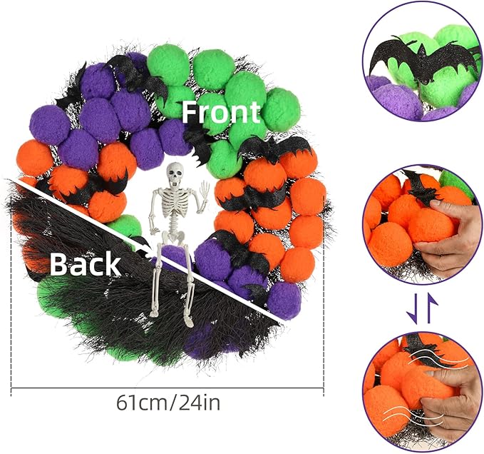 Halloween Wreath, 24inch Halloween Wreaths for Front Door, Pompom Wreaths with bat and Skull for Indoor,Outdoor, Wall, Window Porch Patio Garden Farmhouse Home Party Prom Decoration.