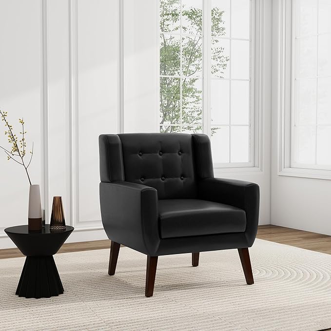 UIXE PU Leather Accent Chairs Set of 2, Modern Arm Club Chair Upholstered Armchair for Living Room, Comfy Single Sofa Seats Button Tufted Reading Seating, Black