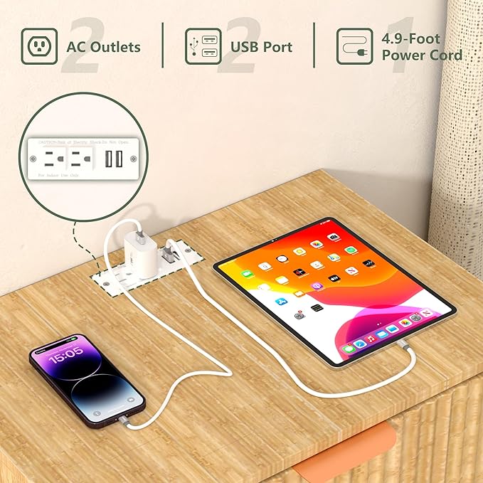 Mid Century Modern Nightstand - Single Drawer Wood Frame Bedside Table with USB Ports & Charging Outlets, Easy Assembly End Table for Bedroom