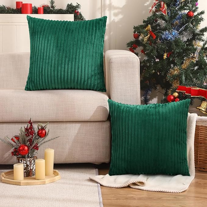 Simmore Decorative Throw Pillow Covers 20x20 Set of 2, Soft Natural Plush Flannel Double-Sided Fluffy Couch Pillow Covers for Sofa Living Room, Green
