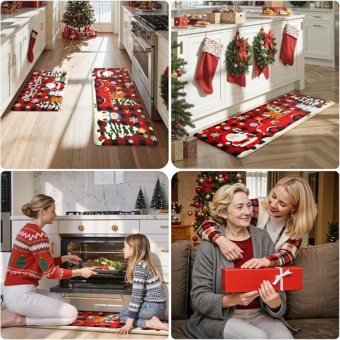 Christmas Kitchen Mats Anti Fatigue - Christmas Kitchen Rugs Sets of 2, Santa Claus Cartoon Buffalo Plaid Farmhouse Floor Mat, Non Slip Cushioned Home Christmas Decorations Gift(Red & Black)