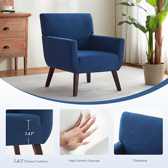 Upholstered Accent Chair,Mid Century Modern Office Fabric Small Living Room Chair with Arm,Comfy Wingback Armchair for Bedroom Reading Dark Blue
