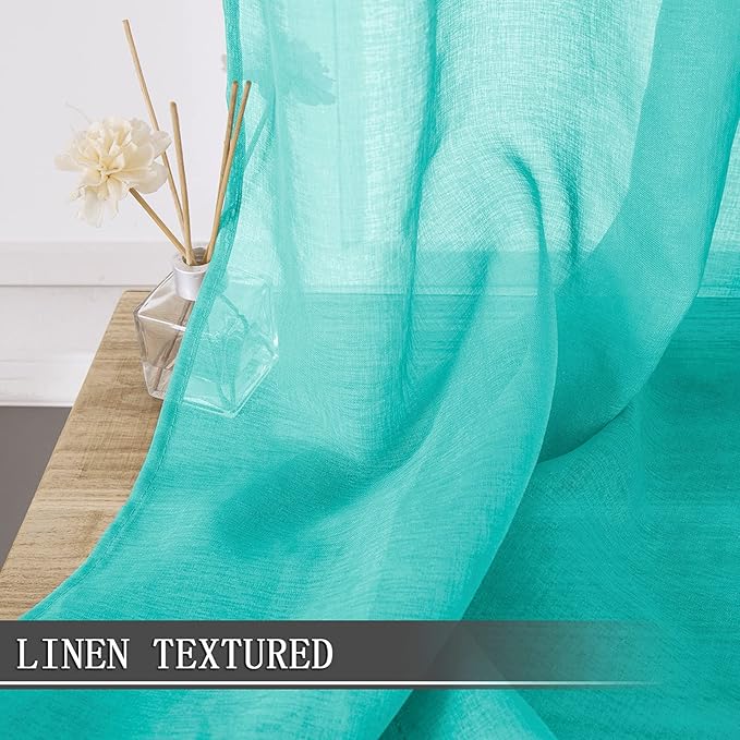 Tollpiz Short Sheer Tier Curtains Linen Textured Half Kitchen Curtain Sheers Light Filtering Rod Pocket Voile Small Curtain for Bathroom, 25 x 24 inches Long, Aqua Blue, Set of 2 Panels