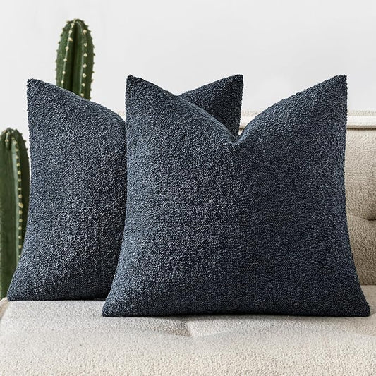 Woaboy Pack of 2 18x18 Inch Decorative Boucle Throw Pillow Covers Textured Square Pillowcaes Accent Solid Cozy Soft Cushion Covers Home Decor for Sofa Couch Living Room Home Decor,Navy Blue
