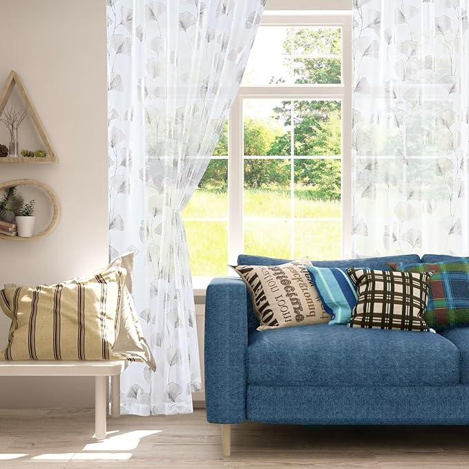 Silver Foil Print Sheer Curtains 96 inches Long, 2 Panels Ginkgo Bronzing Treatment Sheer Curtain, Rod Pocket Window Treatment Panels for Bedroom Living Room