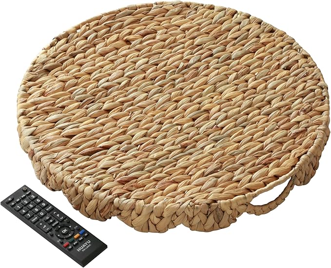 Extra Large Round Ottoman Table Tray 19.7" with Handles - Water Hyacinth Wicker Serving Tray for Farmhouse Decorative Oversized Coffee Table Trays Living Room Kitchen Counter Breakfast Scalloped