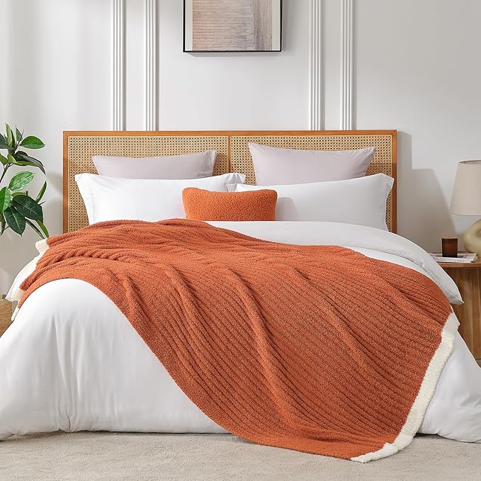 Snuggle Sac Fluffy Fall Bedding Blanket Twin Size, Soft Luxurious Knit Throws, Fuzzy Microfiber Blankets for Couch, Sofa, Bed, Burnt Orange, 60x80 inches