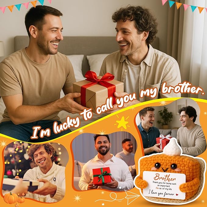 Thank You Gifts for Brother from Sister Brother, Mini Crochet Pumpkin Pie Plush Birthday Presents for Men Friends Presents, Halloween Thanksgiving Christmas Stocking Stuffer Emotional Small Decor