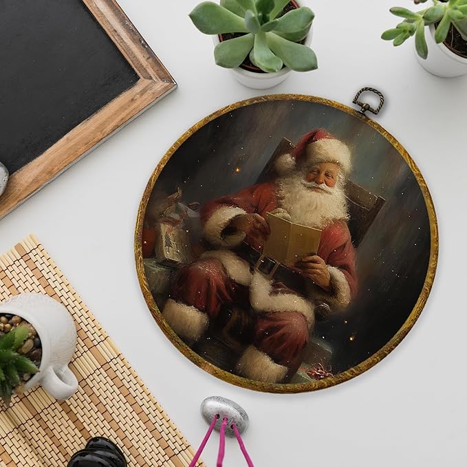 XPH Vintage Christmas Santa Round Wall Art Framed, Rustic Christmas Santa Reading Book Circle Wall Decor, Retro Winter Xmas Hanging Canvas Prints for Home Bedroom Living Room Decoration, 10x10 Inch