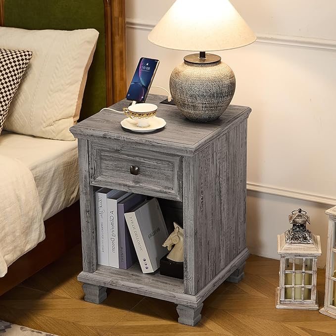 Farmhouse End Tables Living Room Set of 2, Rustic Wood Nightstand with 1 Drawer, Bedside Table with Open Shelf for Bed Room, Side Table for Living Room, Grey