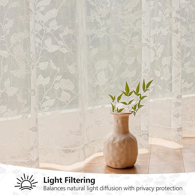 Beige Lace Sheer Curtains 84 inches Long – Vintage Leaves Pattern for Living Room/Bedroom, Fall Curtains, Modern Privacy Light Filtering Rod Pocket Window Drapes, 52W x 84L Inch, 2-Panels