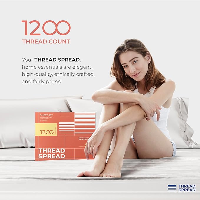 THREAD SPREAD 100% Egyptian Cotton Sheets Queen Size - 1200 Thread Count 4 PC Damask Sheet Set Egyptian Cotton, Sateen Luxury Sheet Queen Size, Soft Sateen Sheets, 17" Deep Pocket - Silver Stripe