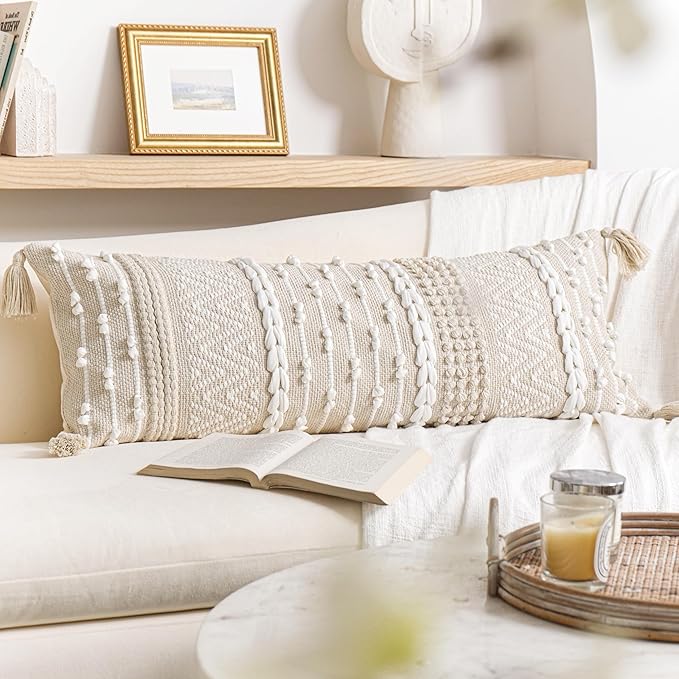 BlissBlush Cream Decorative Lumbar Throw Pillow Cover 14x36 Boho Long Cushion for Bed Neutral Beige White Accent Modern Farmhouse Pillowcase for Bedroom Living Room Couch Sofa Home Décor Cover ONLY